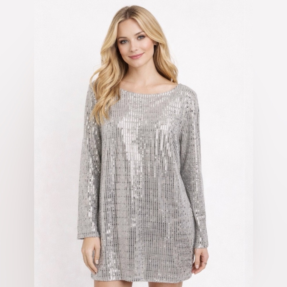 VENUS Shimmering Silver Long Sleeve Dress  Silver Sequin Party Dress Size 3X